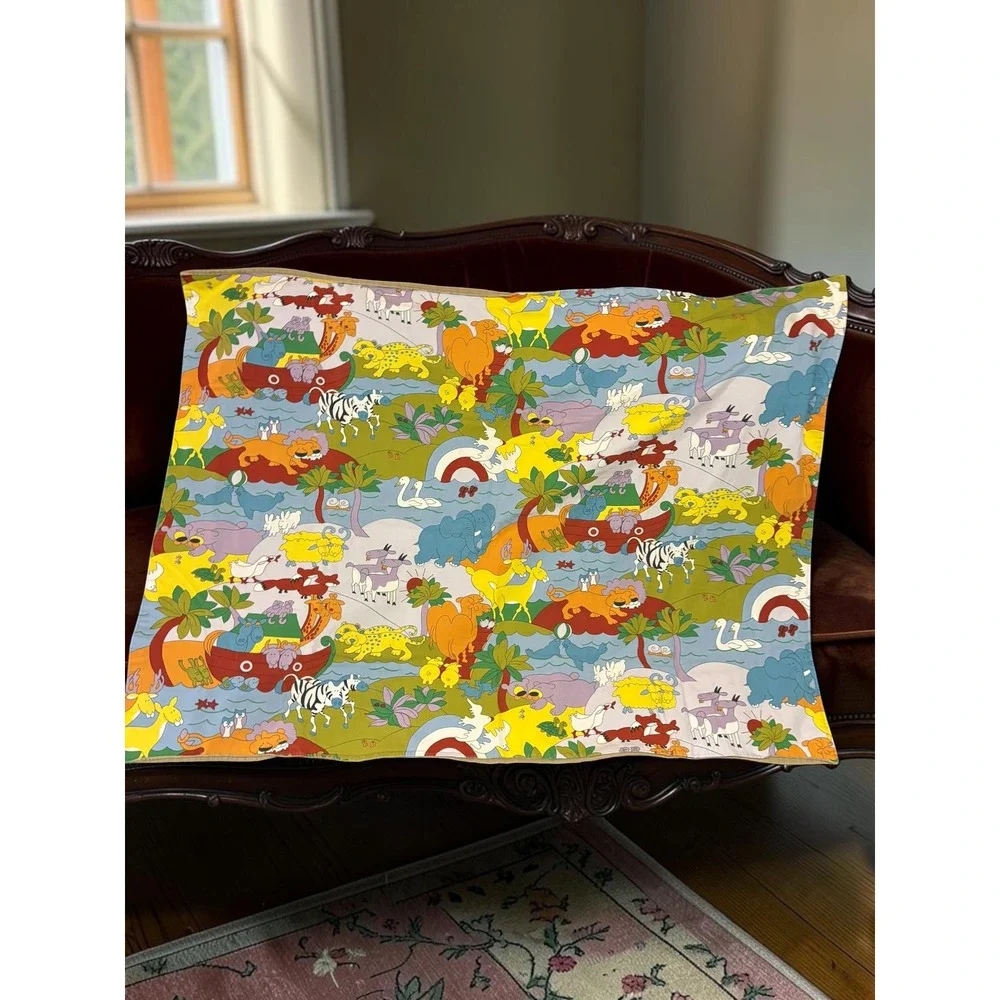 Vintage Wall Hanging Noahs Ark Animal Print Tan Corduroy Cotton Tapestry Baby